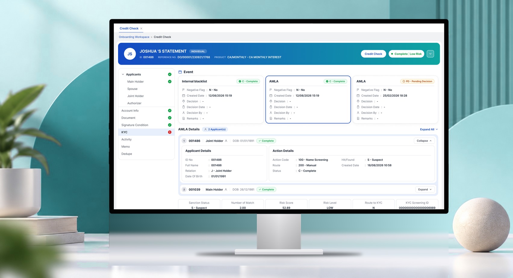 Synergi Core Banking credit check screen on a desktop monitor